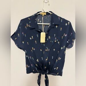 Navy Blue Tie-Front Women Top